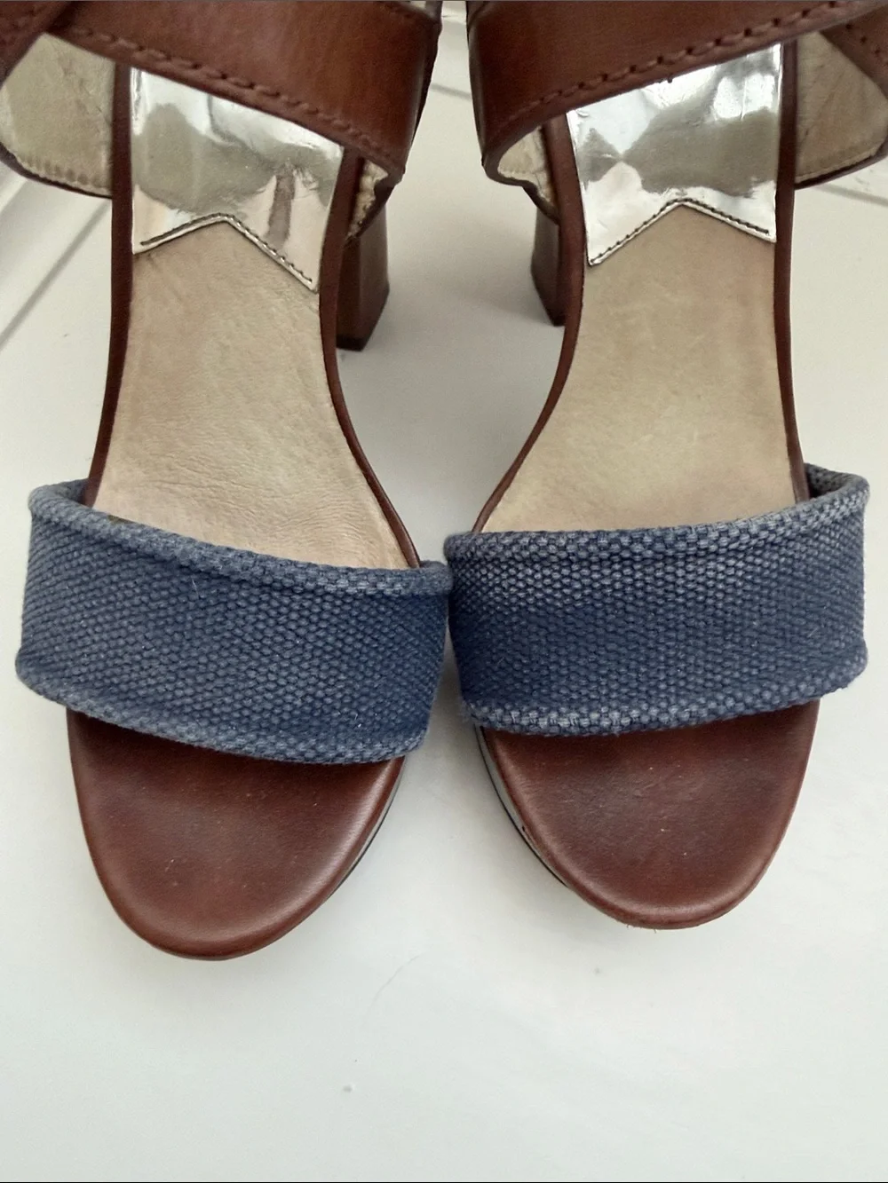 Michael Kora Brown Leather and Navy Platform Block Heel Sandals